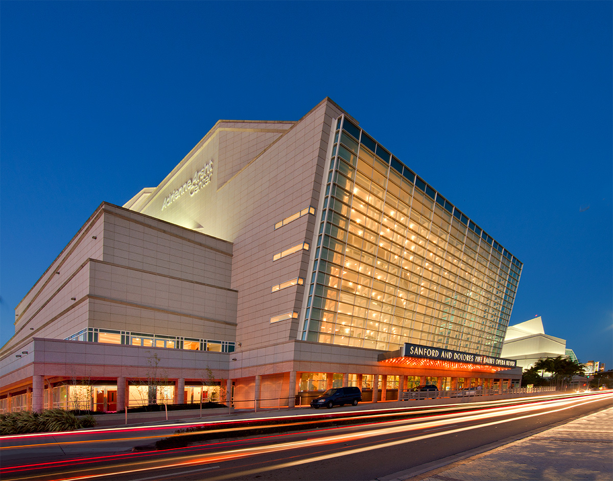 Architectural dusk view of the Miami Adrienne Arsht Center for Performing Arts.